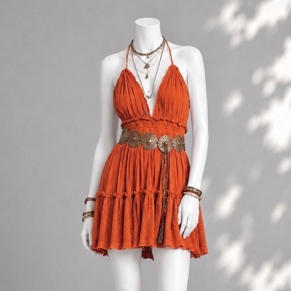 Free People 100 Degree Mini Dress Burnt Orange Rust Halter Gauze Lace Small